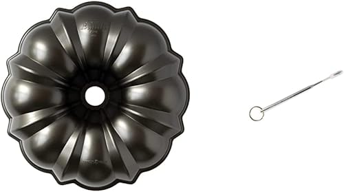 Nordic Ware Pro Cast Original Bundt - Molde para tartas, 12 tazas, color gris y con termómetro reutilizable para tartas, color plateado