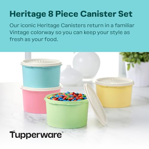 Image of Tupperware Heritage Collection 8 Piece Food Storage Canister Set in Vintage Colors, Dishwasher Safe and BPA Free (4 Containers, 4 Lids)