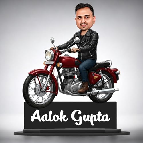 Image of Taxton Custom Bike Rider Caricature Personalized Wooden Bike Photo Frame for Men | 7.5 Inch Durable Double Wood Print with Acrylic Name Plate (Red)