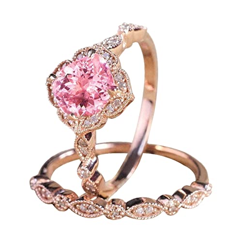 Lady 2PCS Simulated Diamond Ring Women's Pink Zircon Ring Set Engagement Ring Wedding Band (Pink, 6)