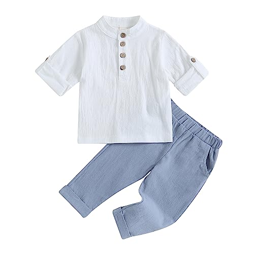 Karuedoo Toddler Baby Boy Clothes Cotton Linen Henley Shirts Button Down Long Sleeve Shirts Casual Pants Set (A-White Blue, 3-4 Years)