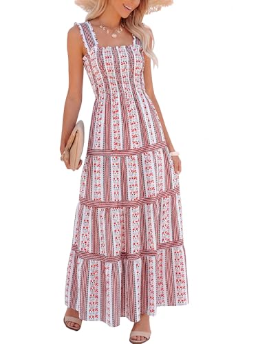 Image of Caracilia Womens Summer Maxi Dresses Floral Smocked Sleeveless Ruffle Boho Casual Flowy Aline Beach Vacation Long Sundress