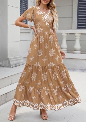 Image of PRETTYGARDEN Womens 2026 Summer Casual V Neck Boho Maxi Dress Flowy Aline Bell Sleeve Tiered Floral Dresses with Pocket