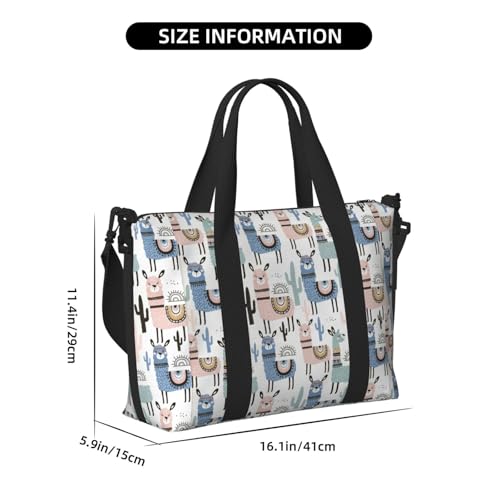 Tropical Cactus Animal Lama Print Tote Crossbody Travel Bag with Zip Casual Handbag for Weekend Trips and Gym Shopping, Black, One Size, Travel Tote4