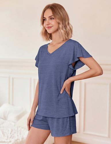 Ekouaer Pajamas Set Women Casual Ruffle Sleeves Soft Comfy Loungewear Set with Pockets,XX-Large,Navy Blue — view 4