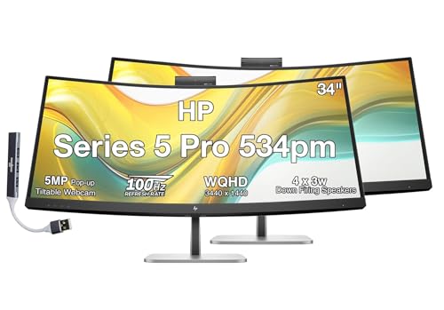 Image of HP Series 5 Pro 534pm 34 inch WQHD USB-C Monitor, Webcam, Speakers, VESA 2Pack | 5MP Pop-up Webcam, Speakers, AI Noise Reduction, Height Adj, w /DKZ USB Hub