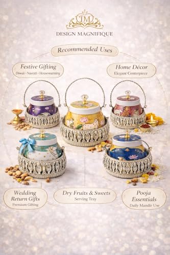 Image of German Silver Metal Basket with Pichwai Jars - Baby Shower Wedding Return Gift Hamper Basket for Dry Fruits, Nuts, Chocolates & Festive Gifting Diwali Puja