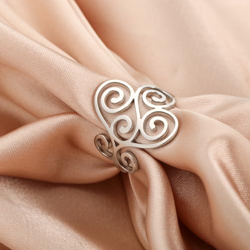 TEAMER Vintage Filigree Flower Ring Stainless Steel Elegant Flower Ring Wedding Band Ring for Women4