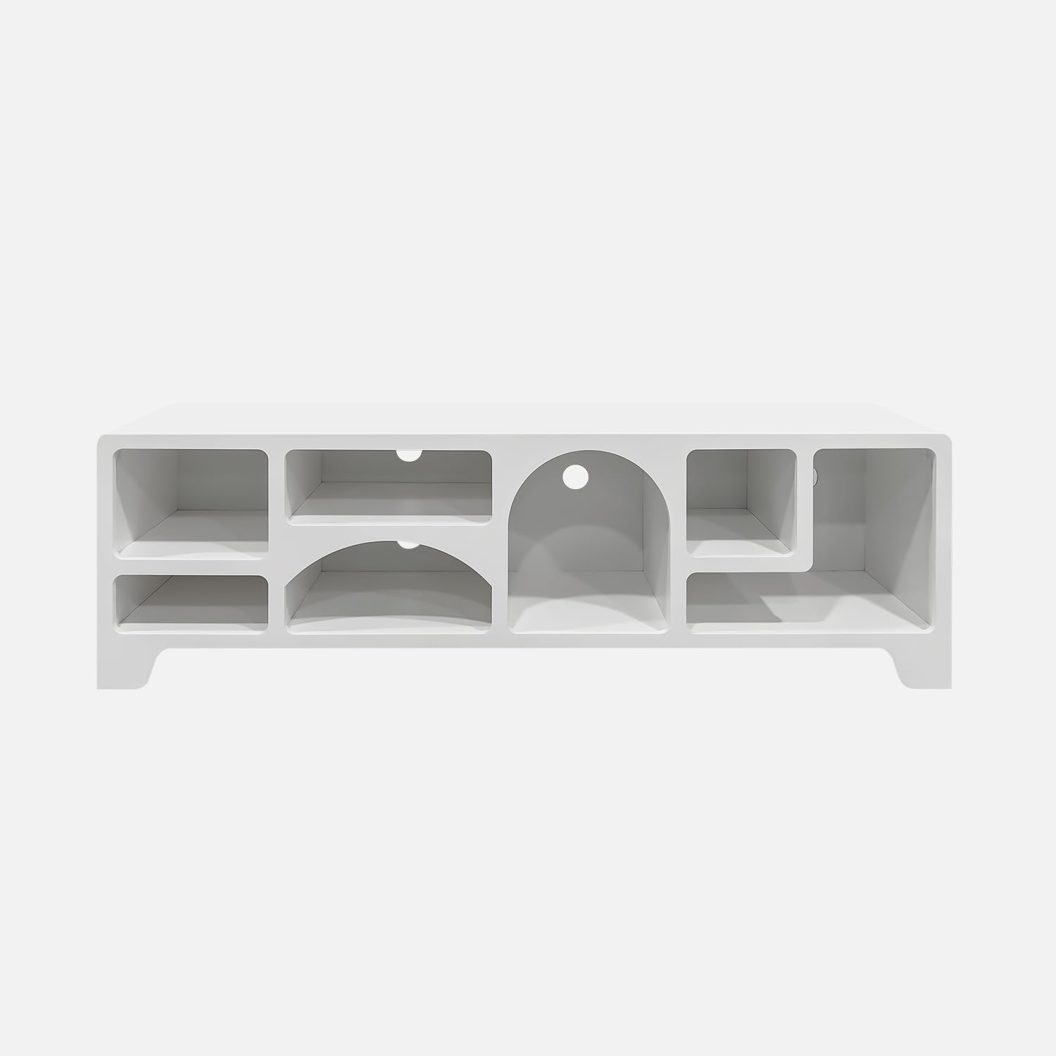 Alice's Garden sweeek - Meuble TV Organique Effet Bois Blanc 160cm avec Plusieurs niches 7 Compartiments de Rangement L160cm
