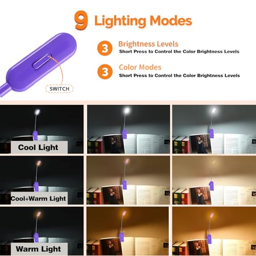Image of VAVOFO Rechargeable Book Light for Reading in Bed Kids, 7 LED Reading Light with 9-Level Warm Cool White Daylight, Eye Care Lamp with Power Indicator for Bookworms (Dark Purple)
