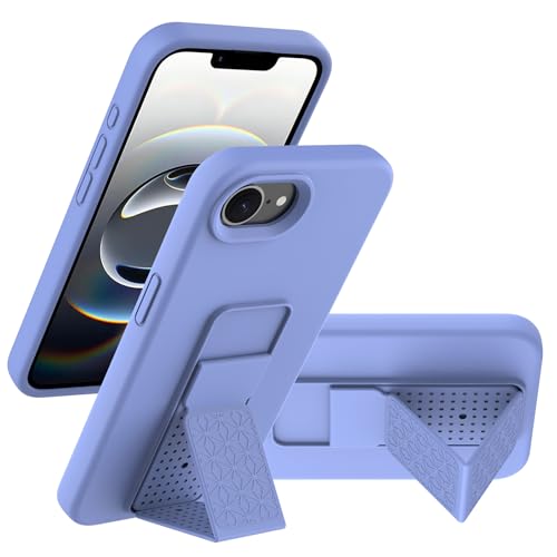 LAUDTEC Silicone Kickstand Case Compatible with iPhone 16E, Vertical and Horizontal Stand Hand Strap Metal Kickstand Cover, Flexible Soft Liquid Silicone Stand Case for iPhone 16E(Purple)