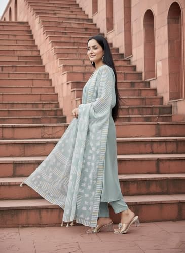 Image of SHIENZY Women's Embroidered Kurta Pant Set with Dupatta | Straight Kurta Set for Women | Ethnic Kurta Set for Women, Traditional Indian Kurta Pant Dupatta Set