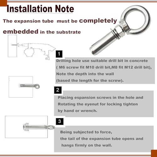 Image of M6 Stainless Expansion Eyebolt 2 inch(50mm) Short Threaded Screw Ring Lifting Shoulder Hook with Nut Washer Locking as Anchor Point for Cement Block Wall 130LB~220LB,6 Pcs M6X50mm
