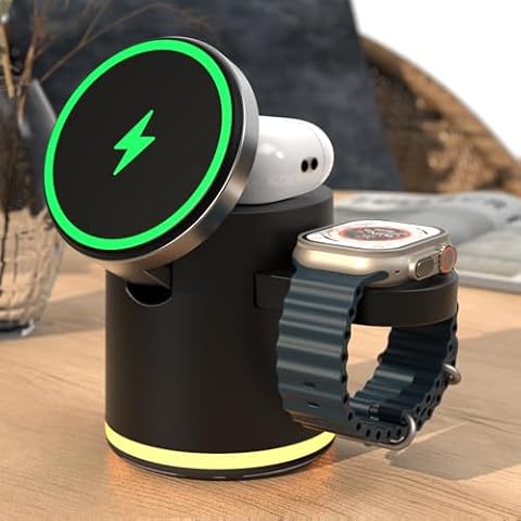 HATALKIN 3 in 1 Wireless Charging Station for Multiple Devices Apple, MagSafe Charger Stand with Warm Night Light for iPhone 16 15 14 13 12 13 12 Plus/Pro/Pro Max/Plus/,IWatch10 9 8 7 SE 6/Ultra Cover