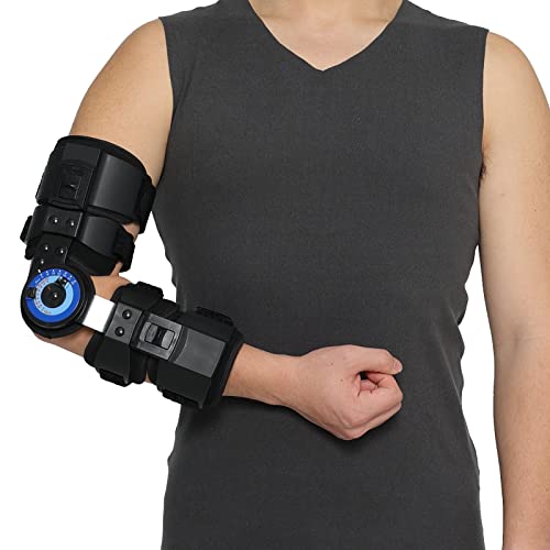 Orthomen Hinged ROM Elbow Brace Stabilizer, Adjustable Post OP Arm Support Splint for Surgery Recovery, Fracture & Dislocation, 10°-15° Incremental Control, Universal Fit Men and Women (Righ