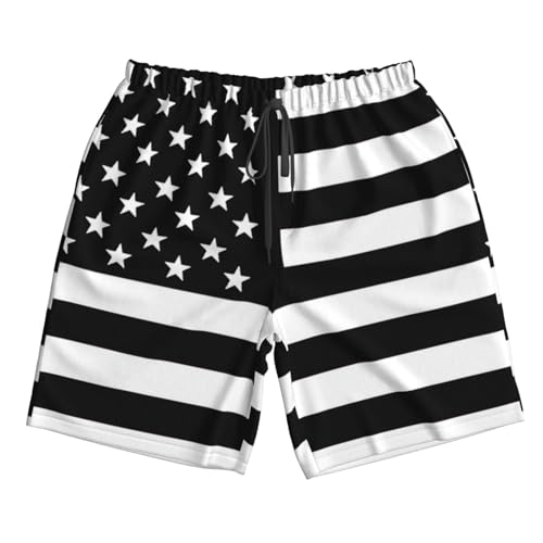 Black White American Flag Patriotic Vintage USA-Swim Shorts with Liner, Quick Dry Beach Shorts Funny Mens Swim Trunks - L