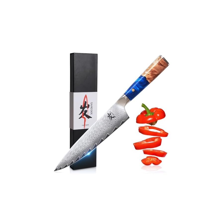 SAMCOOK Chef Knife - 8 Inch 67 Layer Forged Damascus Japan VG-10 Stainless Steel Kitchen Knives Blue Resin Wood Handle High Strength And Good Toughness Razor Sharp Cutting Meat