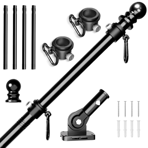 ZHULI 5 FT Flag Pole Kit Flag Pole for Outside House with 360 Rotating Flag Pole Rings Clip Stainless Steel Flagpole with Multi-Position Flag Pole Holder for Outdoor Porch Residential (Black)