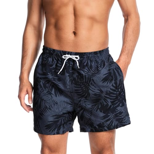 AMZSPORT Shorts de Bain Homme Boardshort Imperméable Maillot de Bain avec Poches et Doublure en Maille, Feuille Noir M