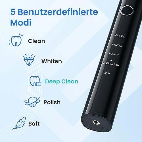 Etekcity Elektrische Schallzahnbürste, Deep Clean Modi, 6 Bürstenköpfe, schnelle Aufladung für 60 Tage&40000 VPM, Erwachsene und Kinder, 2 Min Smart Timer, 5 Modi & Reiseetui, Schwarz – Bild 7