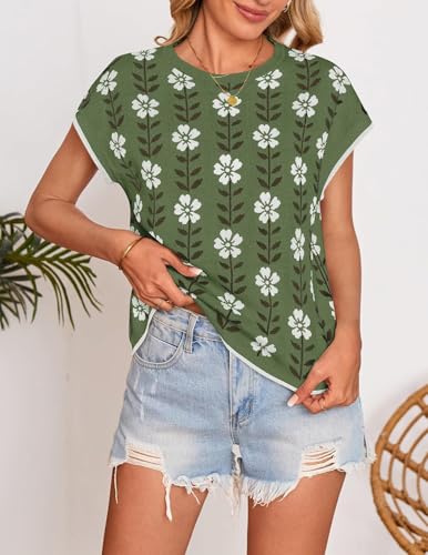 Image of ZESICA Women's Summer Trendy Knit Top 2026 Floral Print Short Sleeve Crewneck Loose Fit Sweater Vest Going Out Clothes