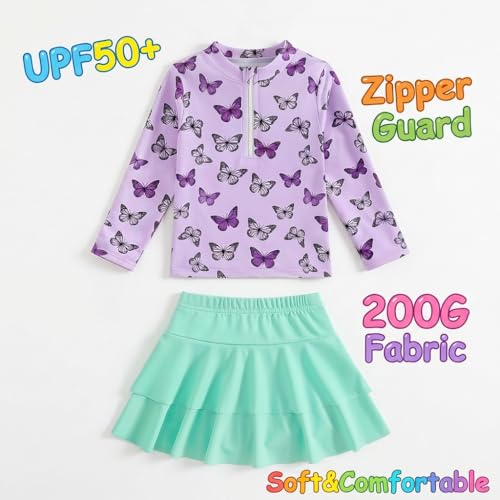 Image of Girls Rash Guard Swimsuit Set UPF 50+ Long Sleeve Two Piece Swimwear Half Zip with Skirt Bottom for Kids 3-10Y