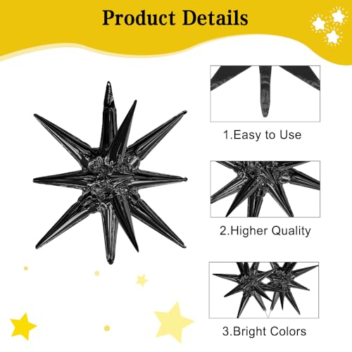 Image of Star Balloons, 6 PCS Black Star Balloons 22 Inch Explosion Foil Mylar Balloon Starburst Balloon Cone Balloon for Bachelorette Birthday Wedding Baby Shower New Year Anniversary Graduation Party Decor