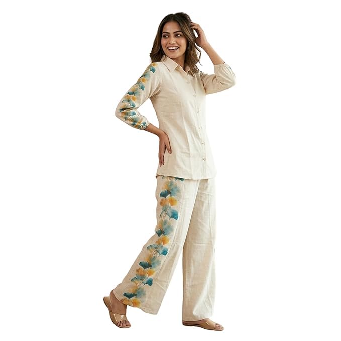 Women’s Floral Printed Cotton Co-Ord Set with Button Down Shirt and Full Sleeves, Relaxed Fit Wide Leg Pants, Lightweight Breathable Casual Loungewear Summer Outfit for Women-image-36