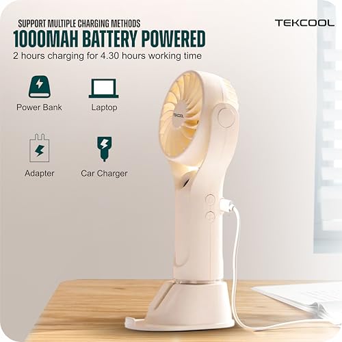 Image of TEKCOOL Mini Handheld Fan, Brushless Motor Portable Hand Fan with Lanyard, 3 Speeds Small Fan, USB Fan Rechargeable for Indoor and Outdoor Use by Women and Men, Table Fan Base Included (Mist White)