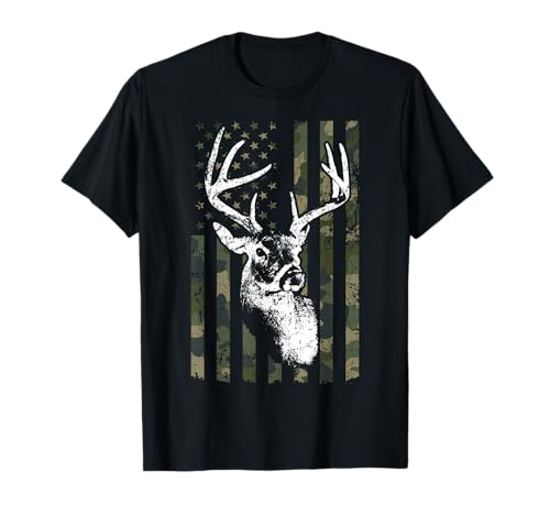Whitetail Buck Deer Hunting USA Camouflage American Flag T-Shirt