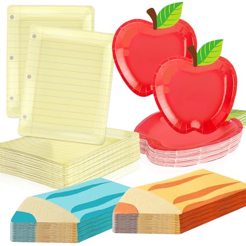 75Pcs Back to School Red Apple & Notebook Paper Plates with Pencil Napkins First Day of School Disposable Tableware Set for Graduation Kindergarten Preschool Party Supplies Table Decor Serves 25