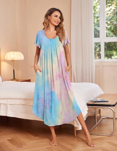 Image of Ekouaer Long Nightgowns for Women with Pockets Short Sleeves Moo Moos for Women Casual Maxi Dress House Dresses S-XXXL