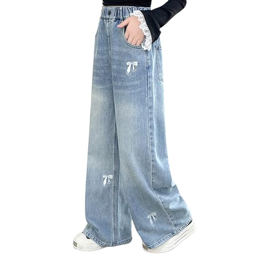 Rolanko Jean Baggy pour Filles, Taille Haute Élastique et Jambes Larges Pantalon en Denim de Bootcut Ample pour Enfants 6 à 15 Ans, Broderie Nœud, 11-12...