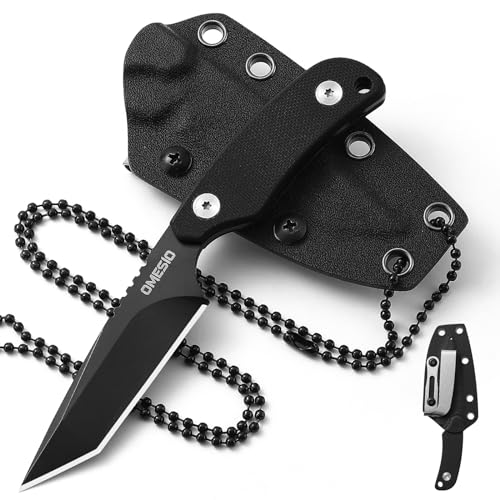 Omesio Tanto Neck Knife - Pequeño Cuchillo de Hoja Fija Full Tang (Acero D2, Mango G10) con Funda Kydex, Clip y Collar, Ideal para EDC​