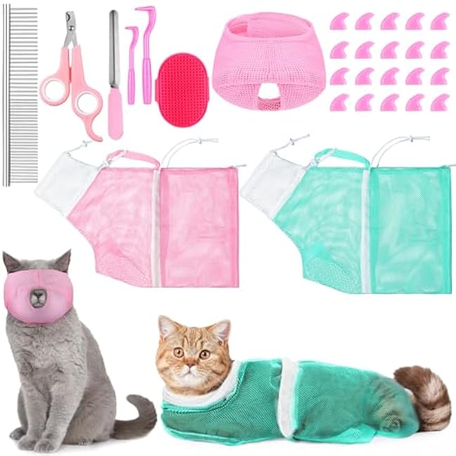 10 Pcs Cat Bathing Bag Set Pet Mesh Shower Bag Anti Bite and Scratch Pet Grooming for Washing Brush, Cat Muzzle, Nail Clipper, Nail File, Tick Tool(Blue and Pink)-BvQdHjog