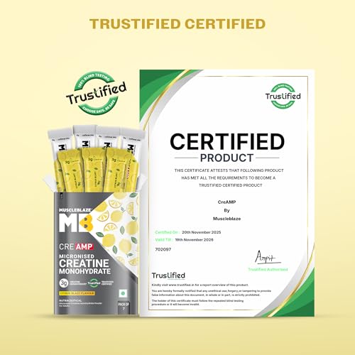 Image of MuscleBlaze Micronised Creatine Monohydrate CreAMP Powder, 7 Sachets | Citrus Blast | Trustified Certified Creatine
