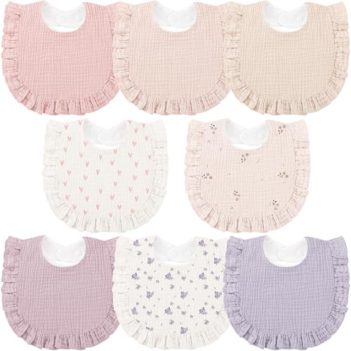Bearmoss 8 Pack Muslin Baby Bibs for Drooling and Teething Soft Bibs for Girls Boys Newborn (Pink Purple)