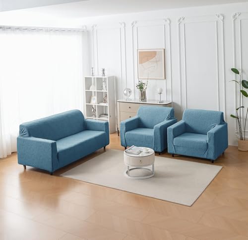 Image of House of Quirk Universal Jacquard Fabric Sofa Cover - Soft, Stretchable Couch Slipcover for 5-Seater (3+1+1), Flexible Fit, Wrinkle-Resistant & Easy to Clean (Blue)