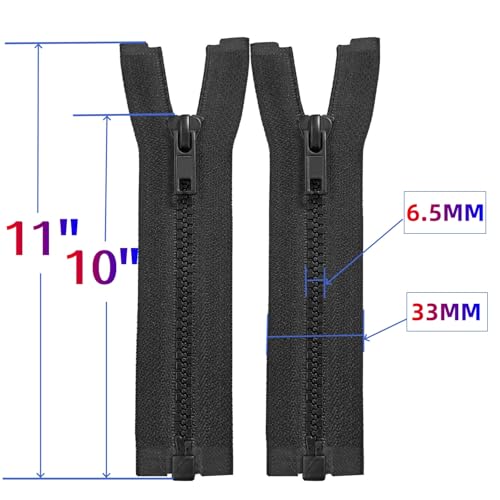 Image of MebuZip 2PCS #5 10 Inch Separating Jacket Zippers Resin Zipper Molded Plastic Zippers Bulk for Sewing Coat Jackets Clothes (Black)
