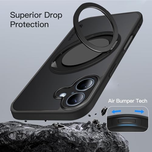 Image of KARWAN Tough Shockproof Armor Back Case Cover Compatible with iPhone 16 with 360 Degree Rotation Magnetic Attraction Ring Holder Heavy Duty Rugged Cover with Magnetic MagEase Wireless Charging (Black)