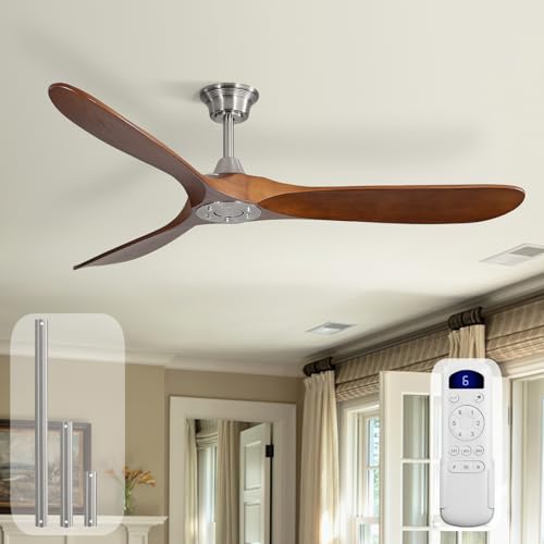 Image of Sofucor 60 Inch Wood Ceiling Fan No Light with Remote, Modern, 3 Blades | Without Light, Quiet Reversible DC Motor, 6 Speeds, Indoor /Covered Outdoor /Bedroom /Living Room /Patio, Sandy Nickel+Brown