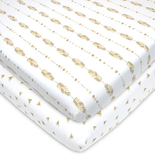 American Baby Company Printed 100% Natural Cotton Jersey Knit Fitted Portable/Mini-Crib Sheet, Taupe Feather and Triangles, Soft Breathable, for Boys and Girls, Pack of 2
