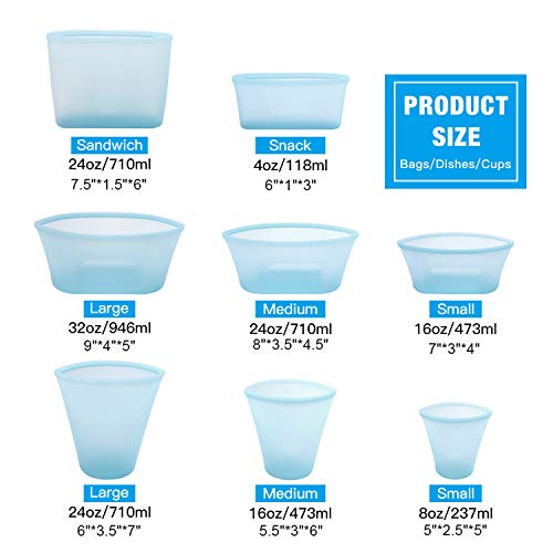 8 Pack Reusable Silicone Food Bag Zip Lock Containers, BPA Free Leakproof Cup Pattern Dishes Storage Bags for Fruit / Snack / Vegetables, Microwave Dishwasher & Freezer Safe, (Blue)