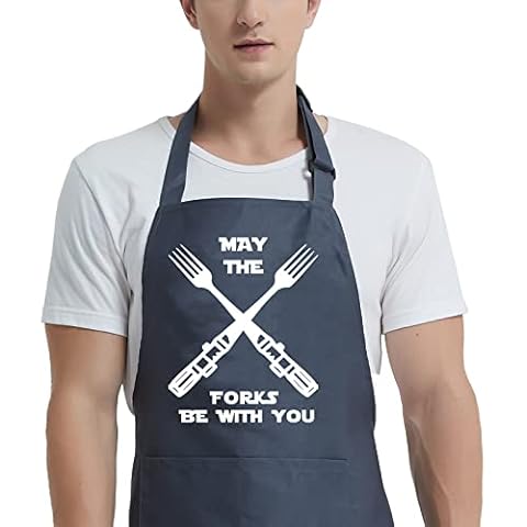 POTALKFREE Grilling Aprons for Men Women - May the Forks be with You Apron, Kitchen Chef Cooking BBQ Grill Gifts for Dad Mom Birthday Husband Wife Christmas Thanksgiving(May The Forks Gray) Cover