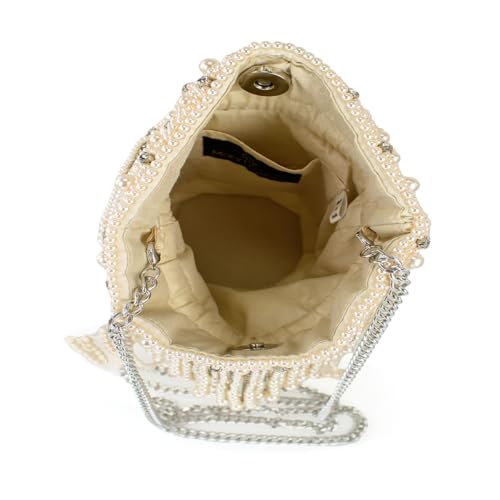 Mary Frances Elegant Pearl Beaded Crossbody Handbag Rhinestone Drawstring Novelty Evening Purse with Removable Chain Strap, Ivory3