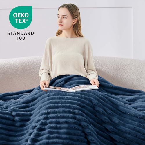 BEDELITE Full Size Blanket for Bed, 300GSM Soft & Warm Fleece Navy Blanket, Decorative and Giftable Striped Blankets for Women, Men, 84"x90"