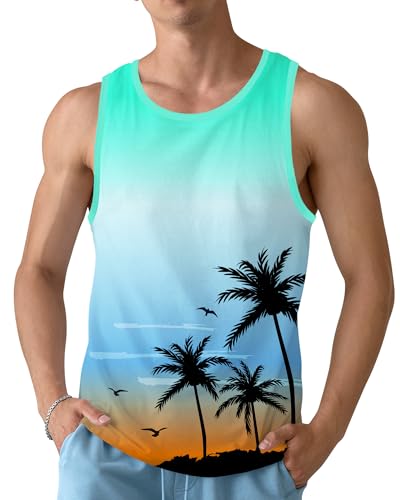 Mens Beach Tank Tops Sleeveless Shirts for Men Summer Hawaiian Graphic Mens Tank Top Workout Gym Shirts Palm Tree Tops