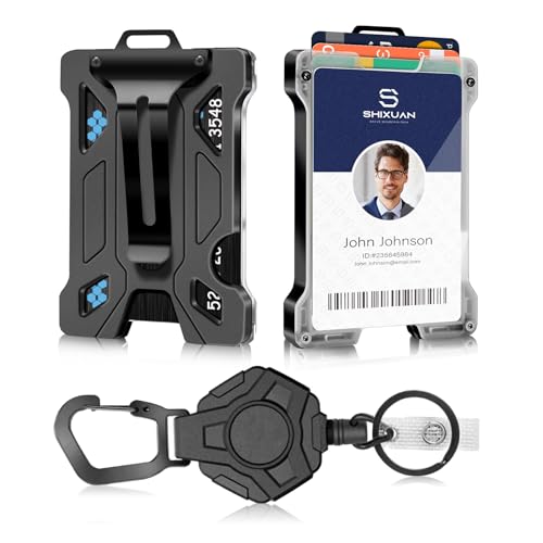 ID Badge Holder with Retractable Clip, Credit Card Holder, Keychain Wallet, Name Badge Holders, Business Card Holder, and Money Clip for Men (Heavy Reel Retractable & Badge Holder)