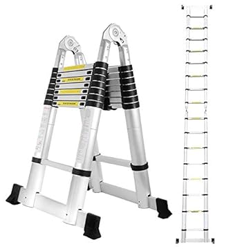 Sonnewelt Scala telescopica da 5 m (2,5 m + 2,5 m), in alluminio, portatile, allungabile, antiscivolo, scala multiuso per uso domestico, 150 kg, portata 330 libbre