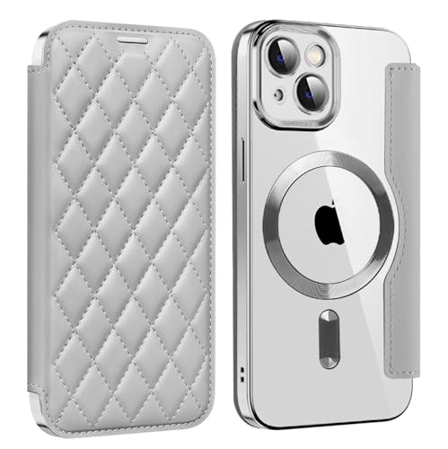 KeKeYou iPhone 15 Plus 用 ケース 手帳型 クリア Magsafe対応 背面透明 キルティング 高級なPUレザー スマホケース ゴージャス カード収納 おしゃれ 人気財布型 格子柄 カバー アイフォン15 Plus用 手帳カバー ケー